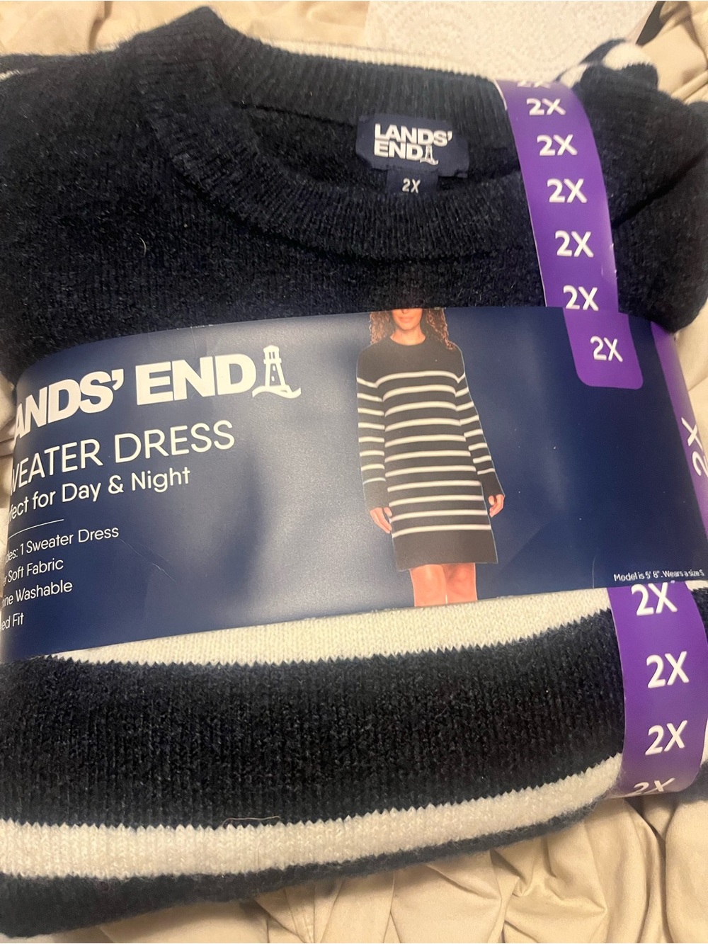 Lands' End Navy and White Striped Sweater Dress